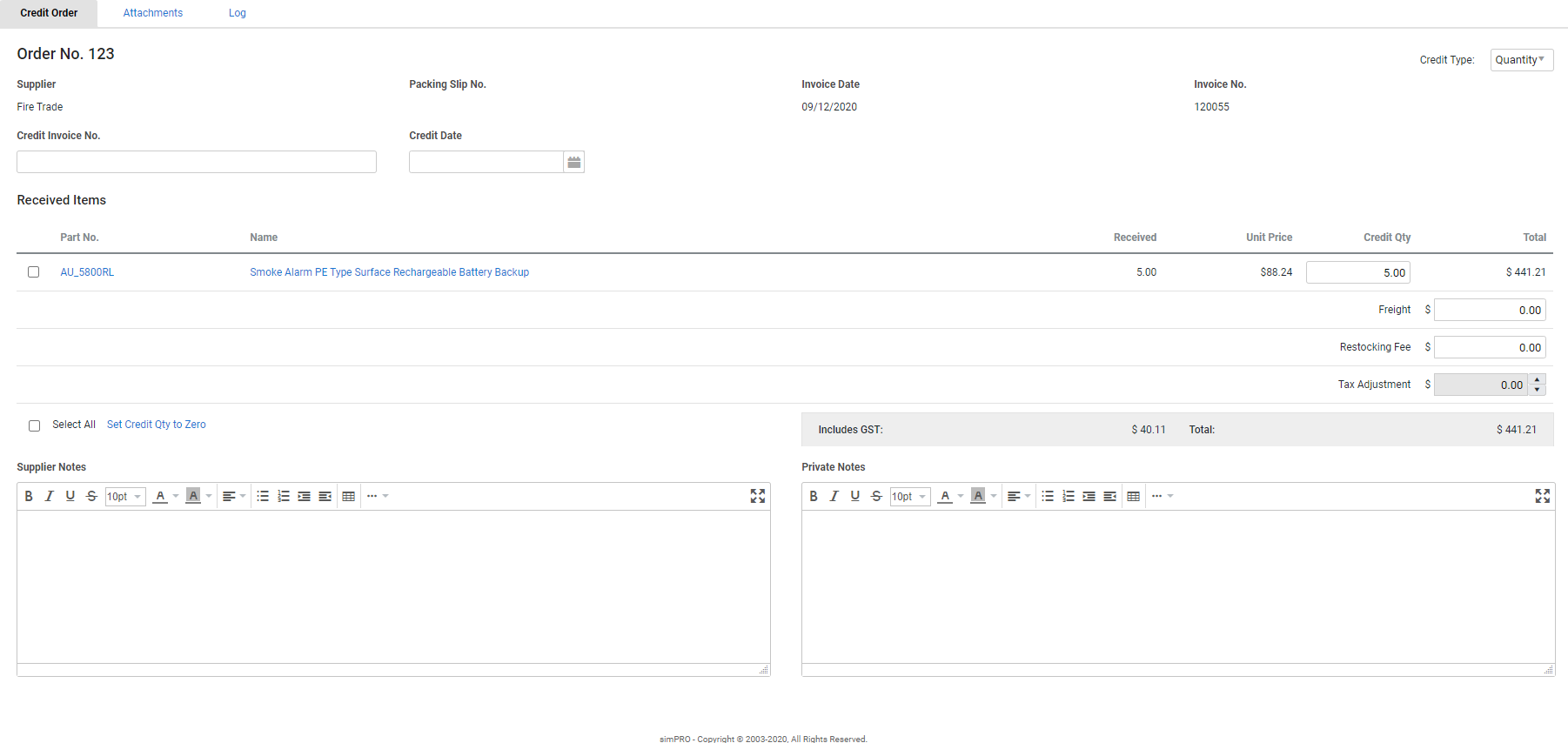 A screenshot of a purchase order credit being created.