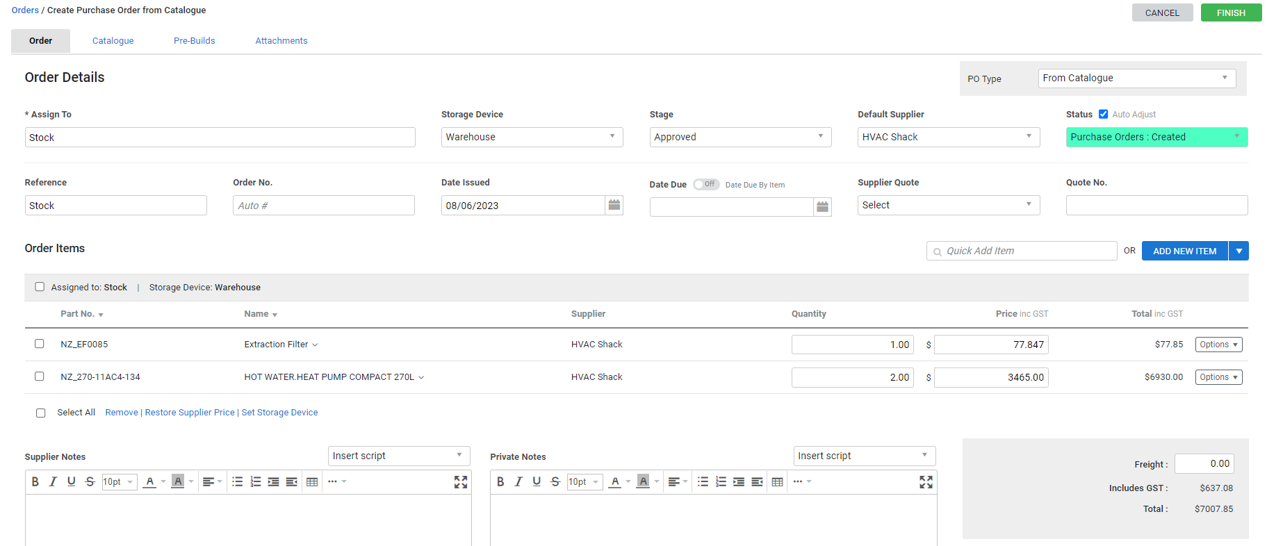 A screenshot of the options available below items in a purchase order.