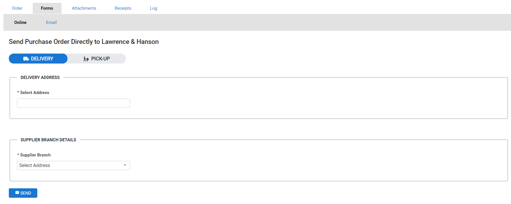 A screenshot of the Online sub-tab in the Forms tab of a purchase order.