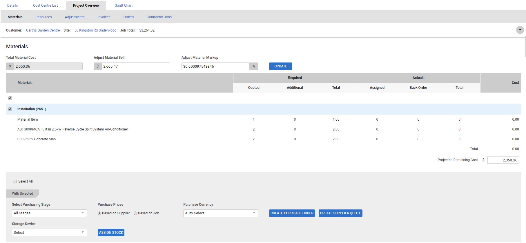 A screenshot of the Create Supplier Quote button in the Project Overview tab in a job.