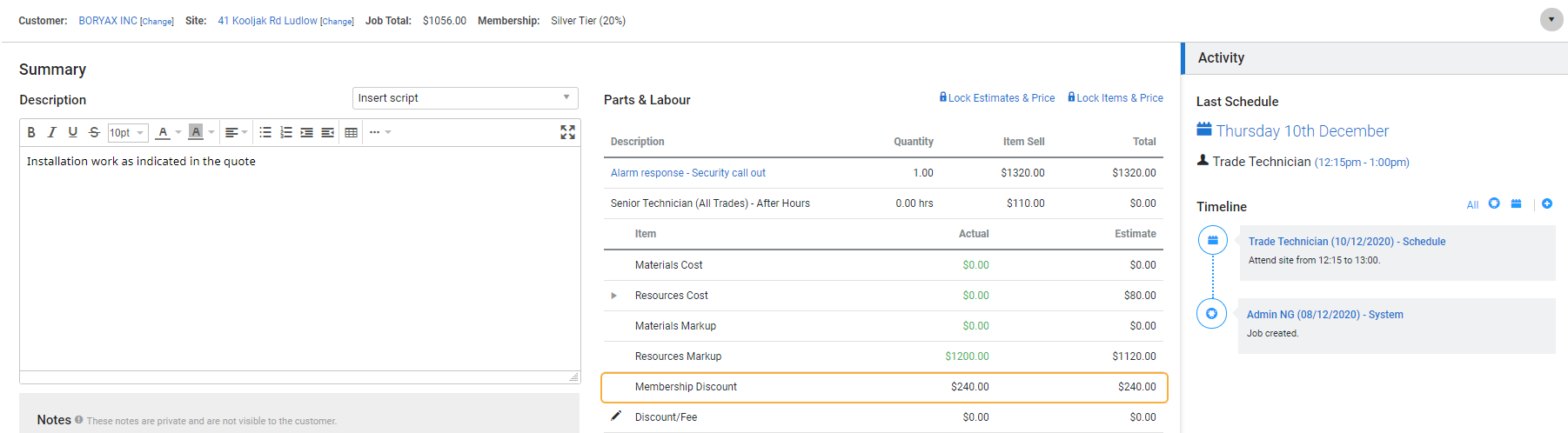 A screenshot of the Parts and Labour breakdown table in a job.
