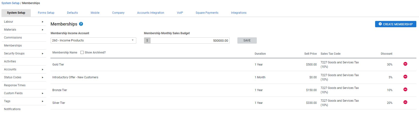 A screenshot of the Membership cost centre income account field in System Setup.