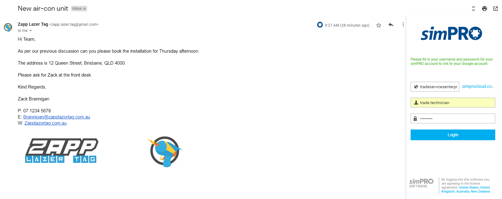 A screenshot of the Simpro Premium Gmail Integration login page.