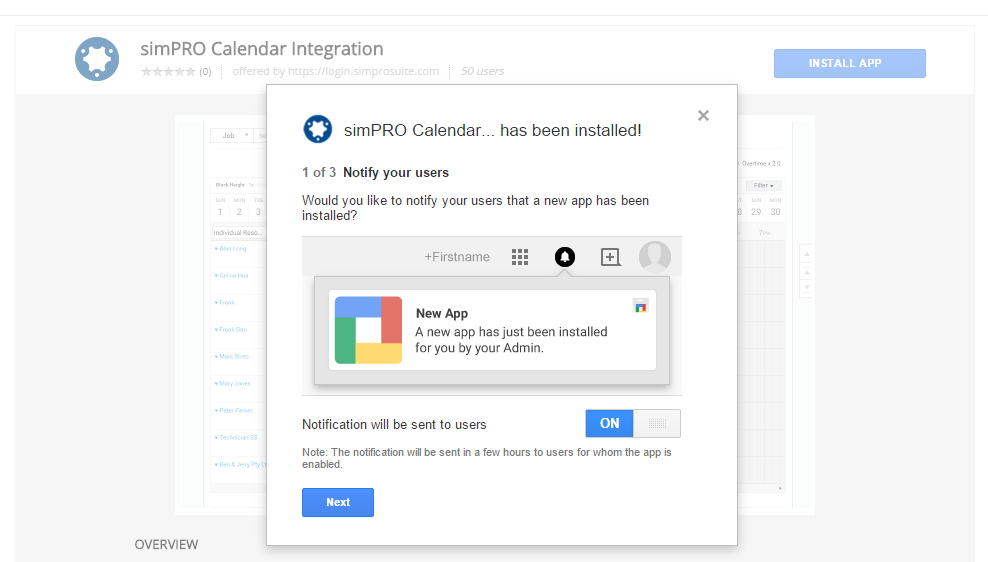 A screenshot of the 'Simpro Premium Calendar... has been installed!' pop-up window.
