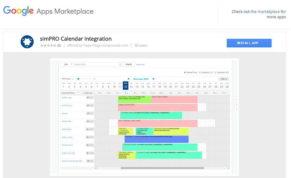 A screenshot of the Simpro Premium Calendar integration page in the Google Apps Marketplace.