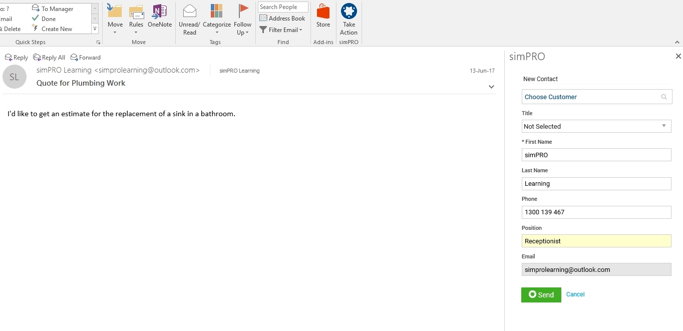 A screenshot of a new contact being added from Outlook.