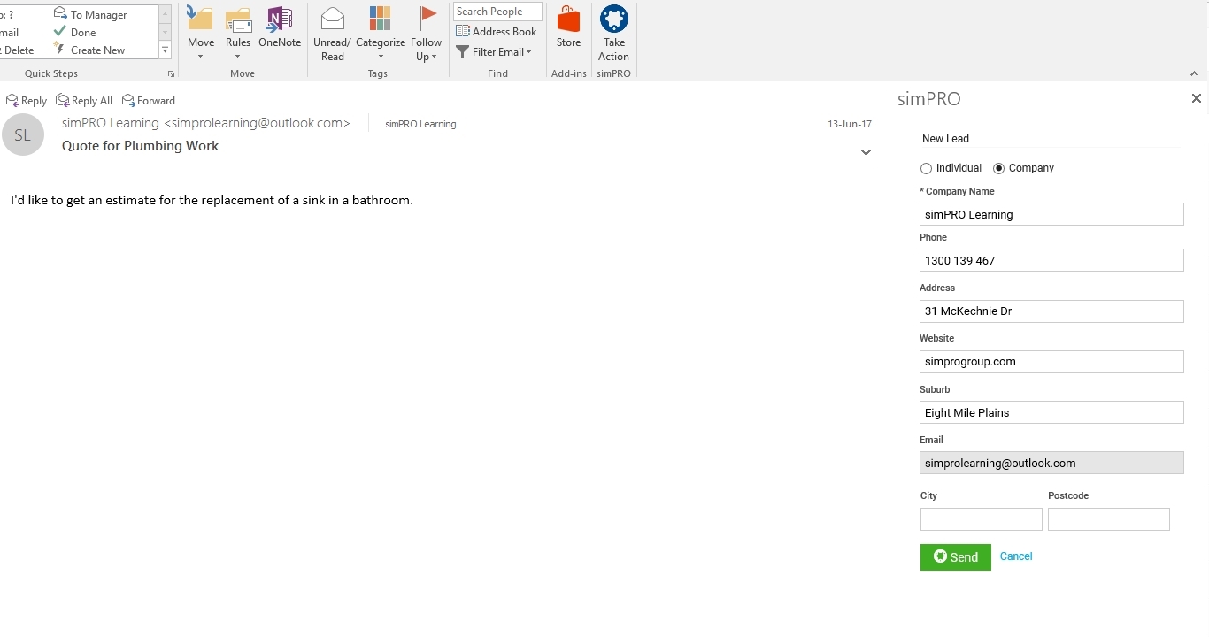 A screenshot of a new lead being created from Outlook.
