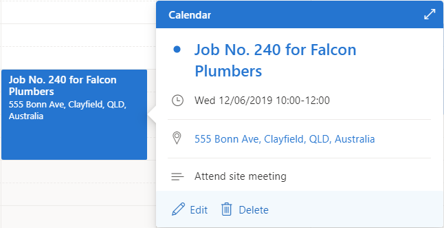 A screenshot of a job scheduled in Simpro Premium creating an event in Google Calendar.