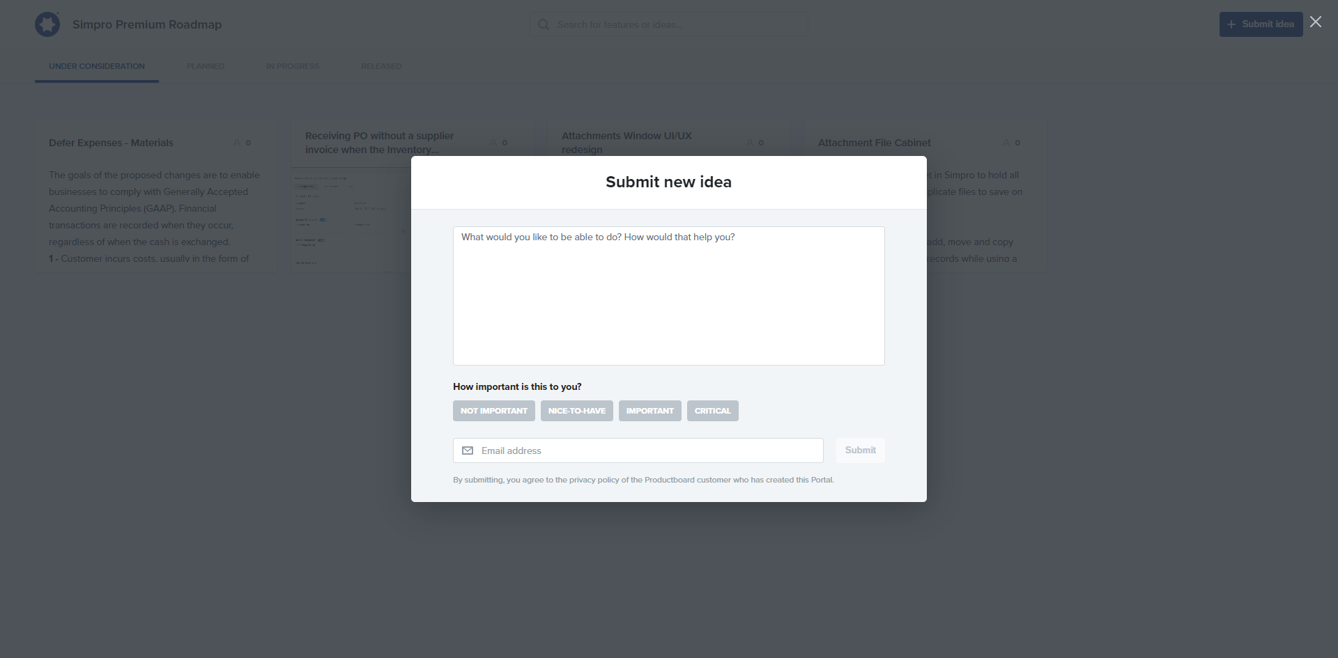 A screenshot of submitting a new idea in the Product Portal.