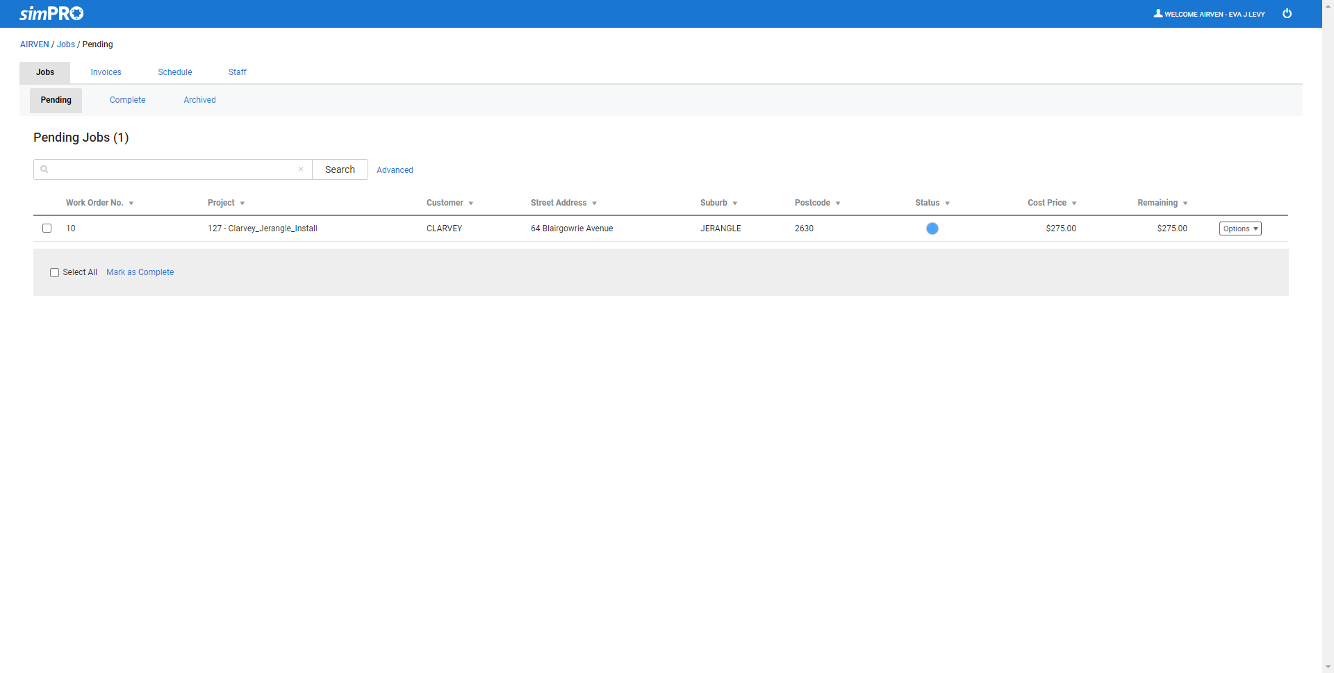 A screenshot of the Pending Jobs table in the contractor portal.