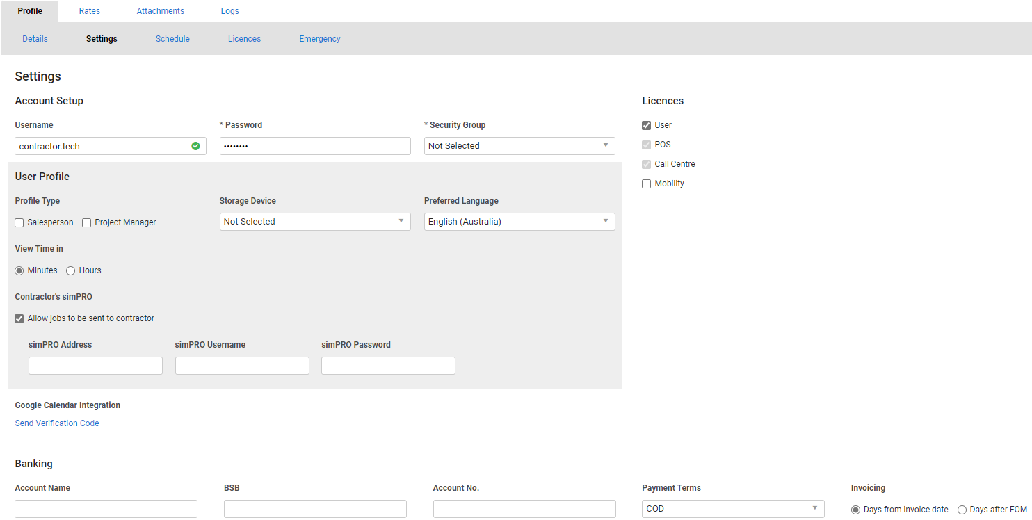 A screenshot of the Settings tab in a contractor.
