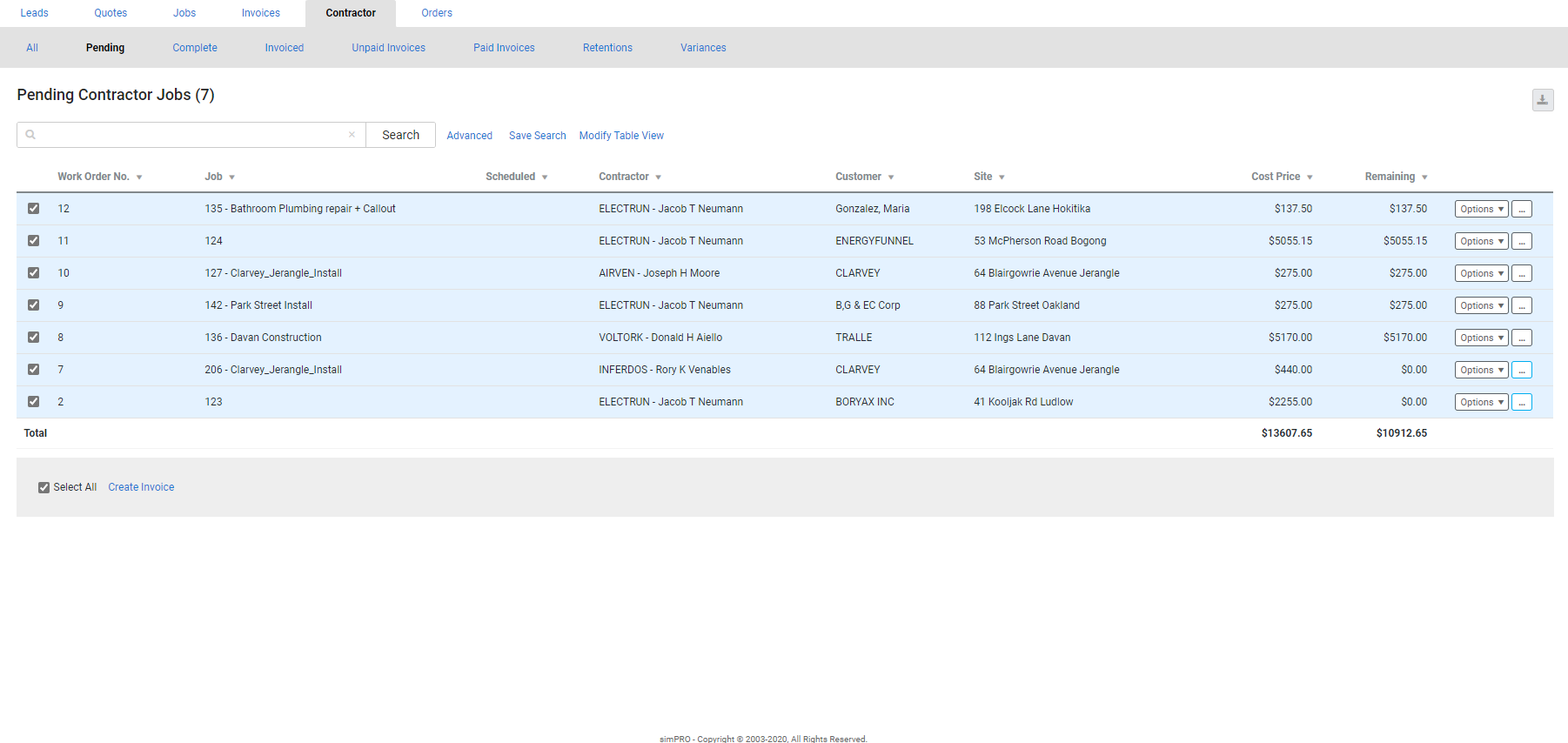 A screenshot of invoicing multiple orders.