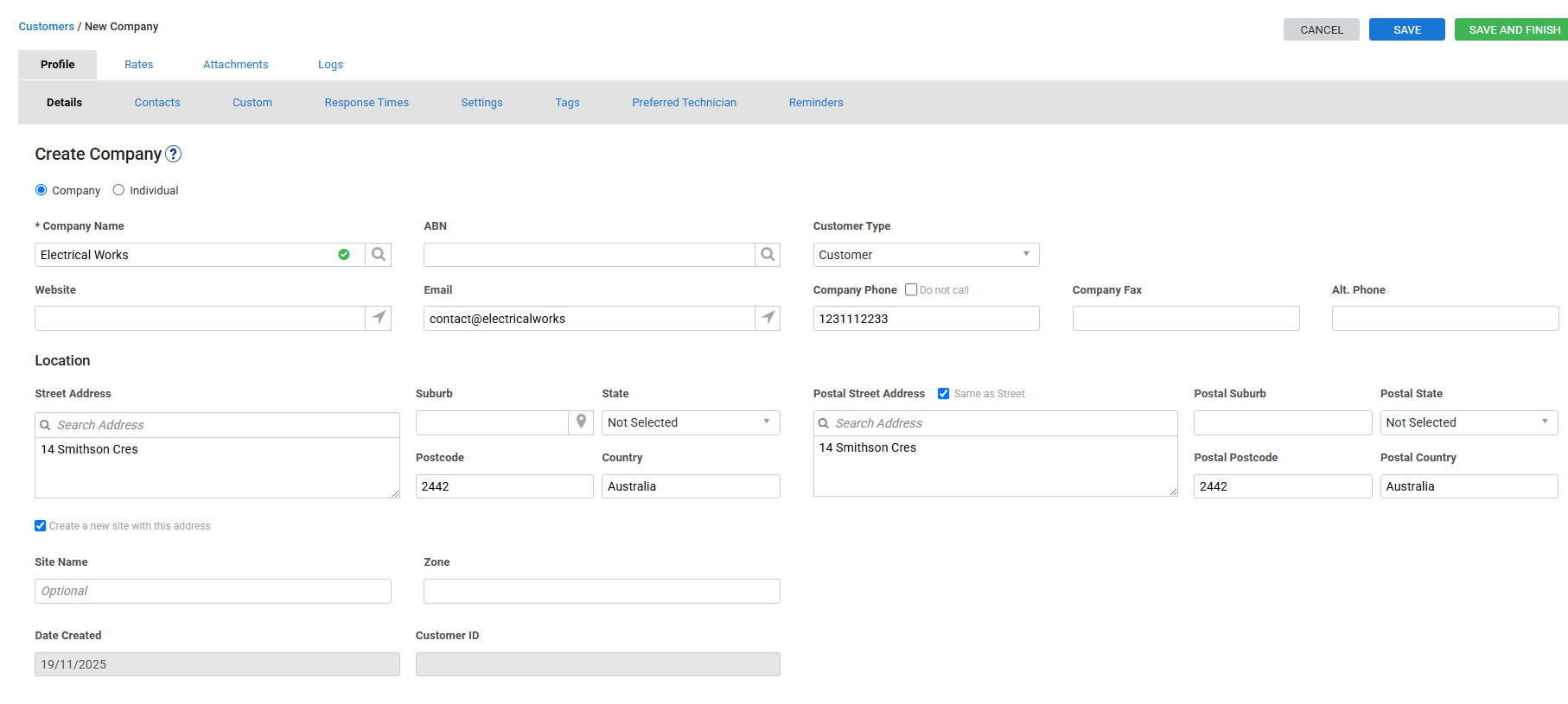 A screenshot of the Details tab in a customer card file.