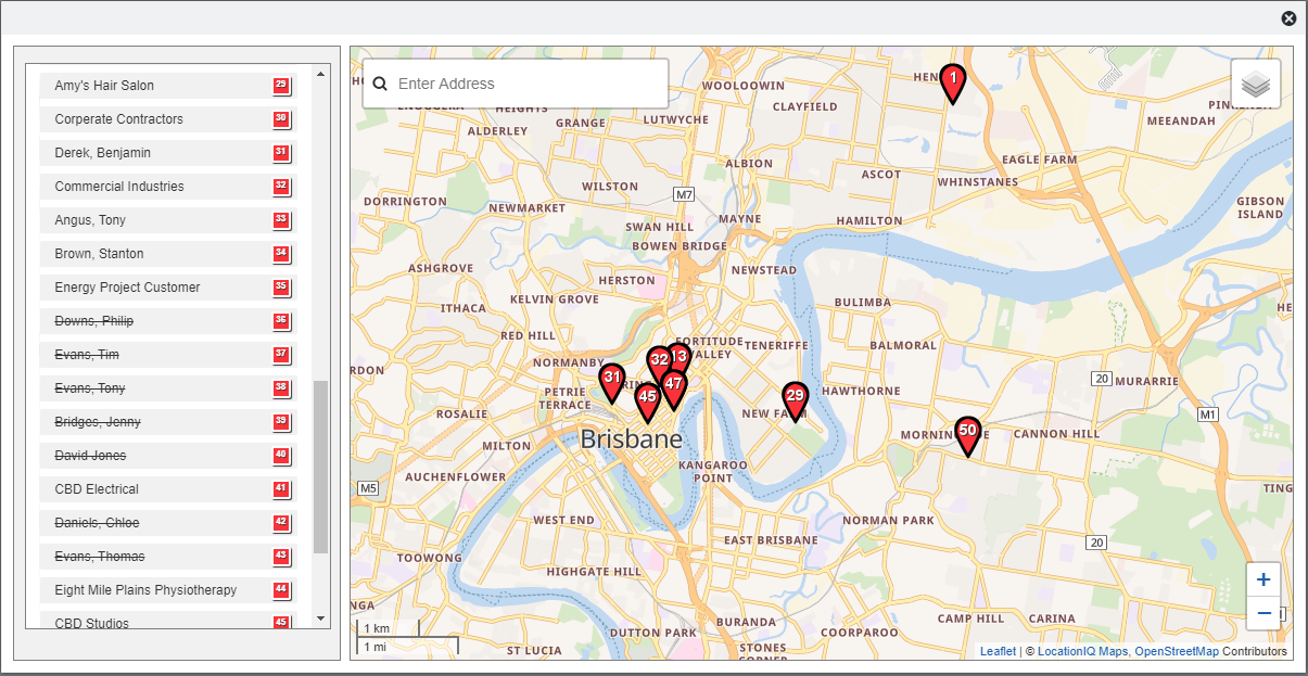 A screenshot of customers pinned on a map.