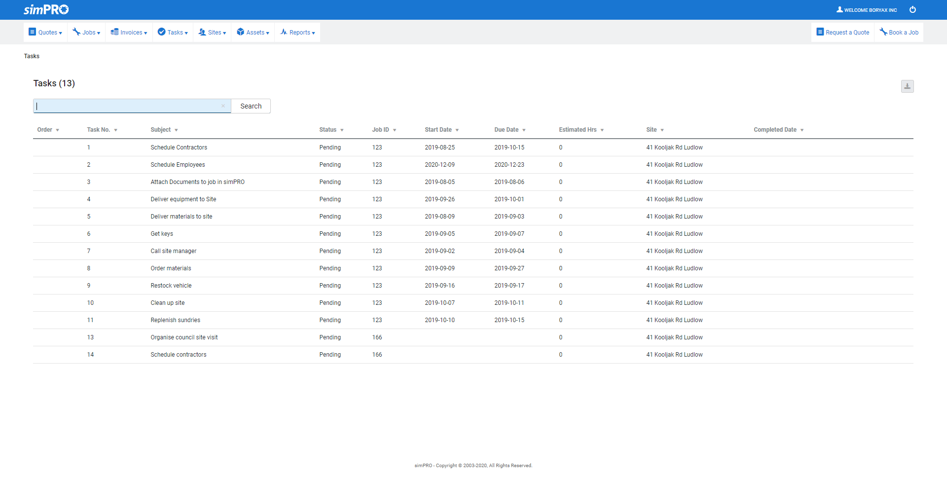 A screenshot of the tasks list in the customer portal.