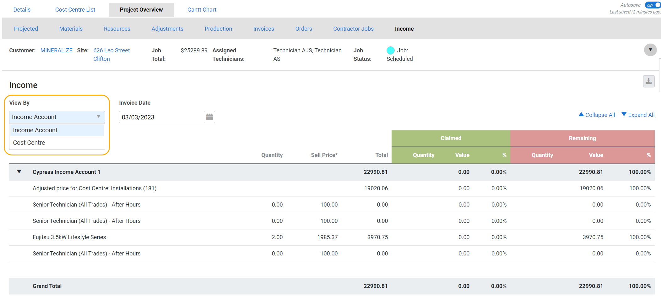 A screenshot of the Income tab in the project overview.