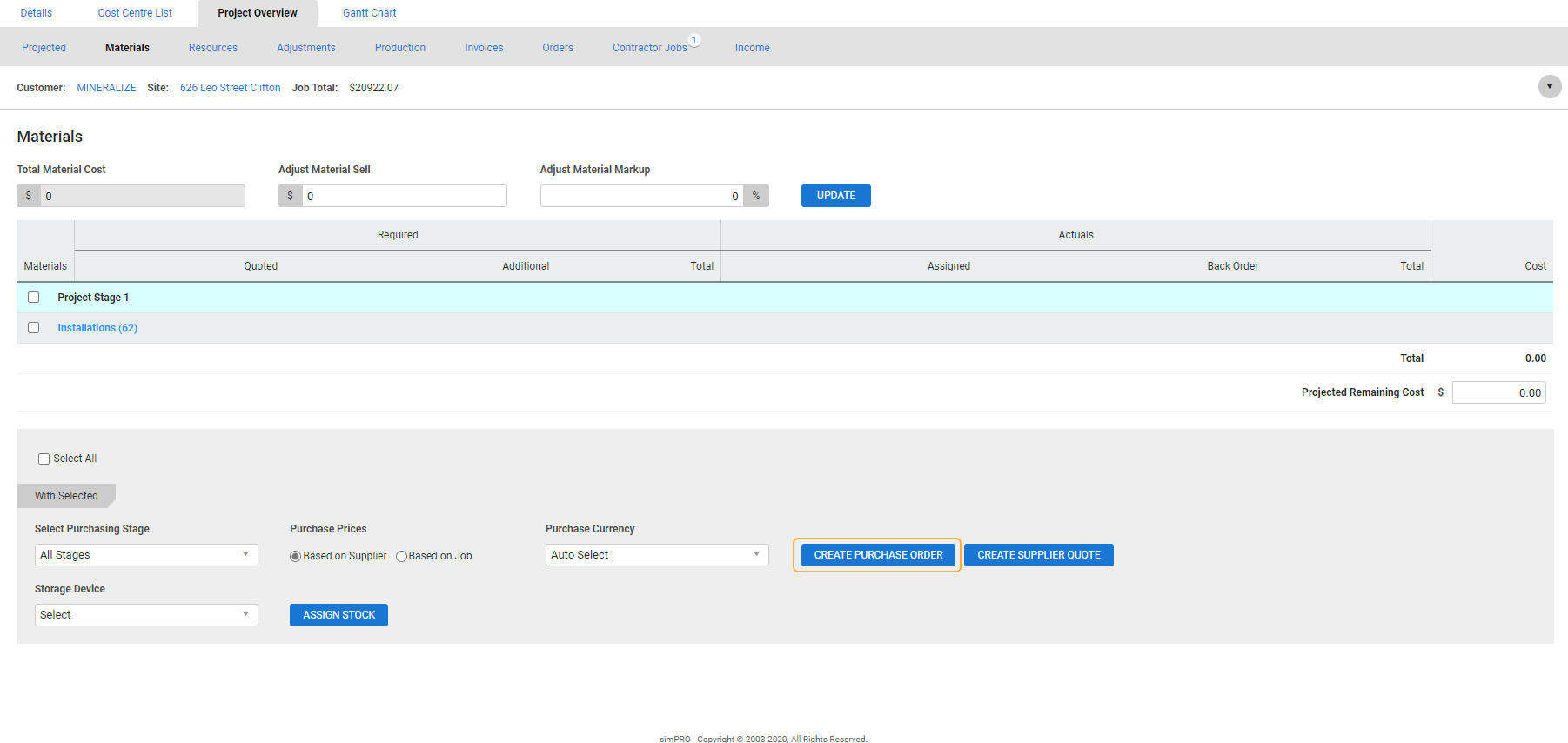 A screenshot of the Create Purchase Order button in the Project Overview tab.