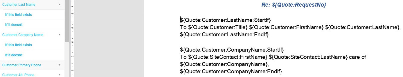 A screenshot of conditional fields in a quote template.
