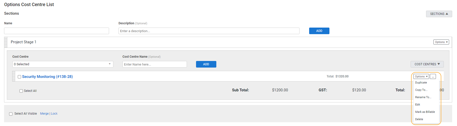 A screenshot of the Optional Cost Centre List tab in a project or service quote.