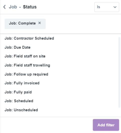 A screenshot of the Job: Complete filter.