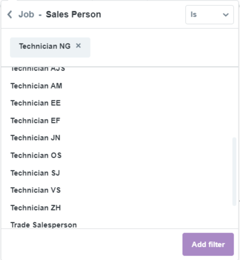 A screenshot of the Salesperson filter.