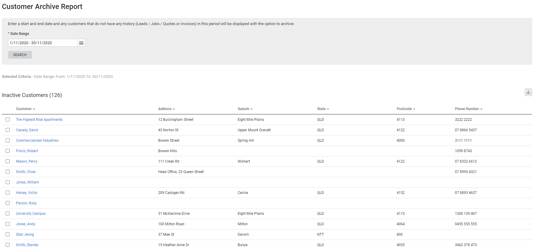 A screenshot of the Customer Archive report.