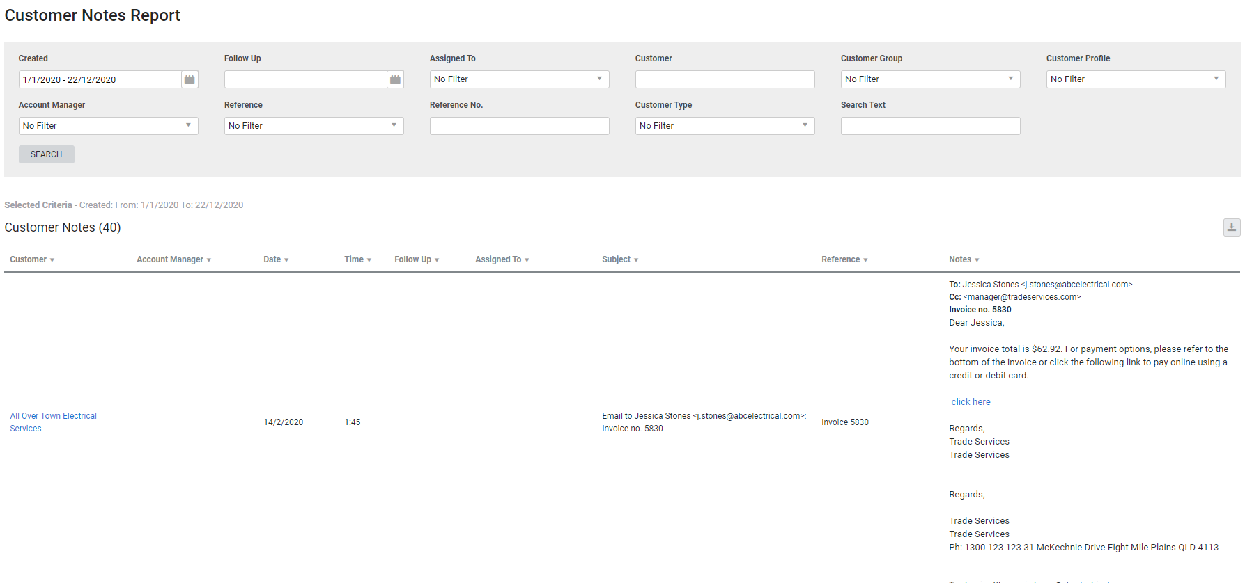 A screenshot of the Customer Notes report.