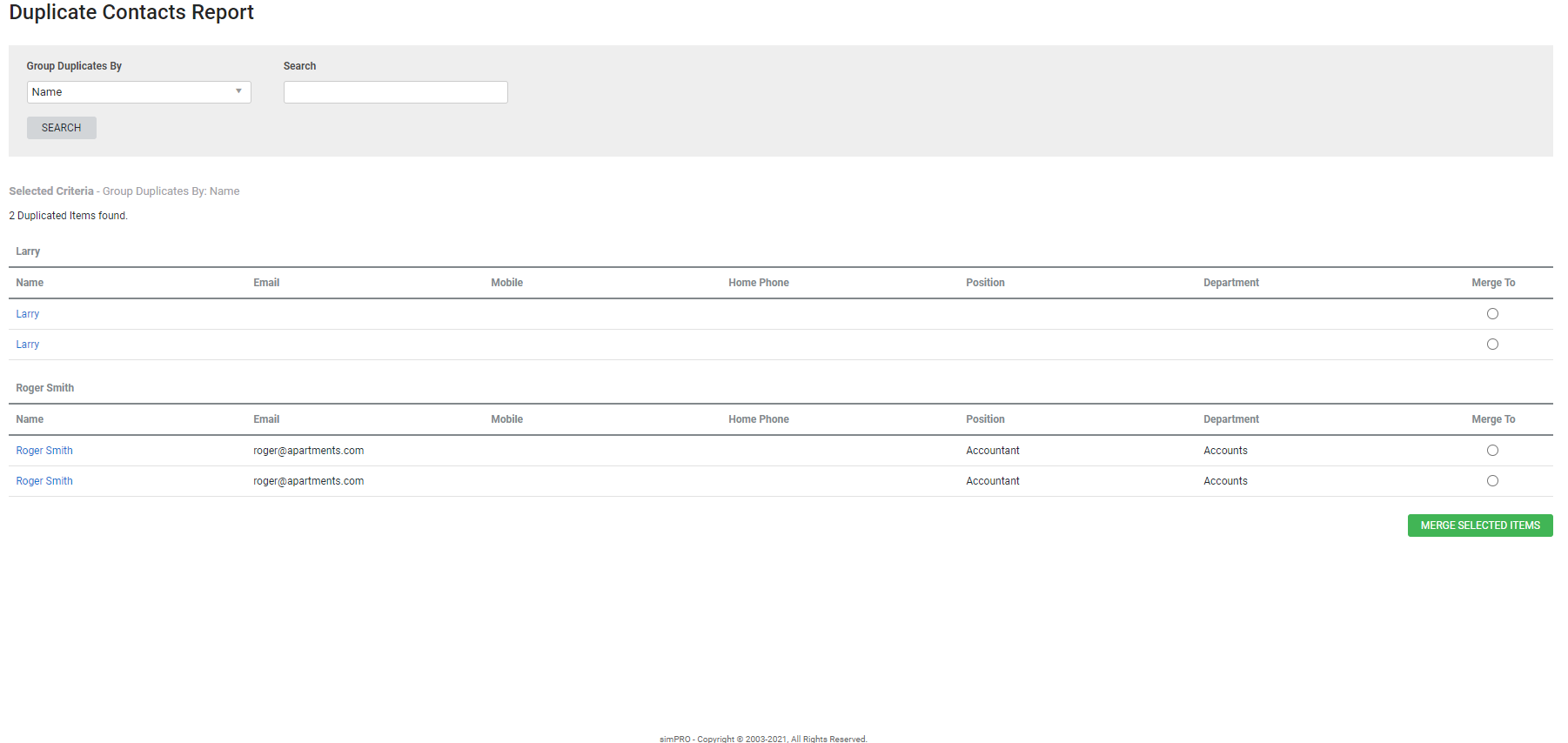A screenshot of the Duplicate Contacts Report.