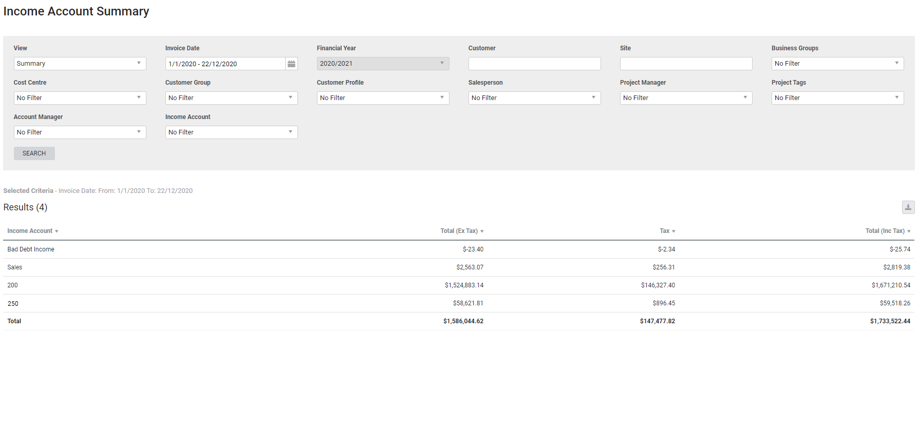 A screenshot of the Income Account Summary report.