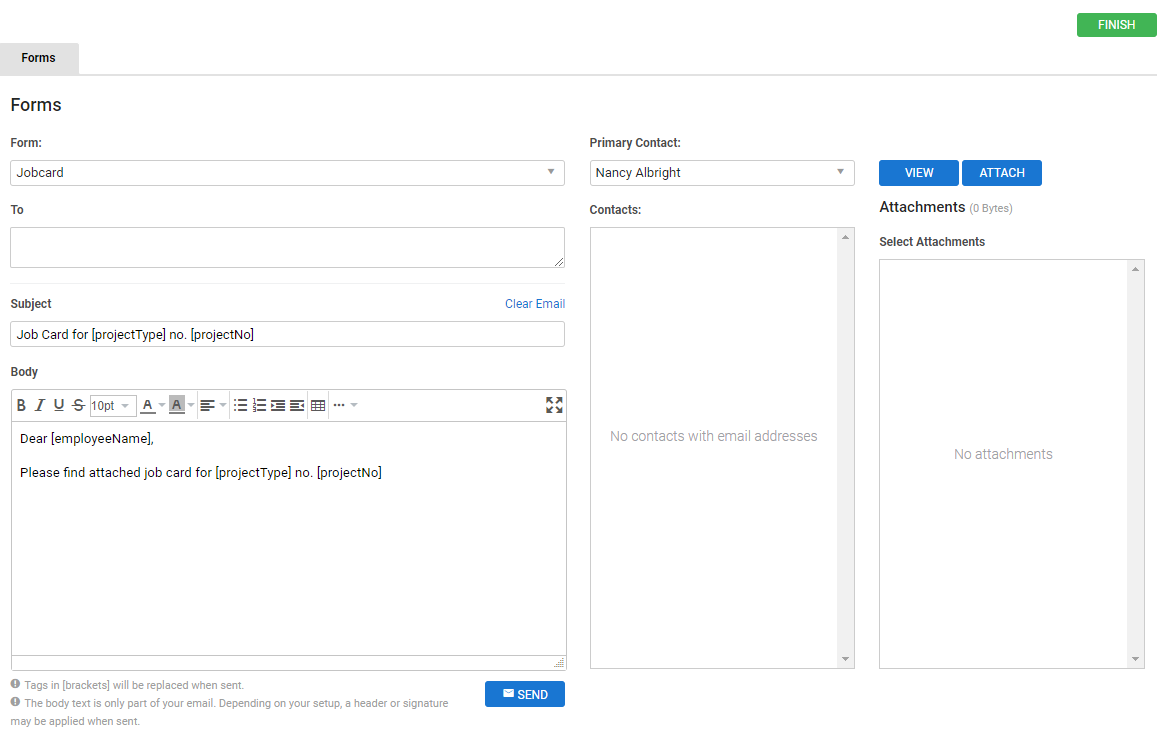 A screenshot of the jobcard forms tab.
