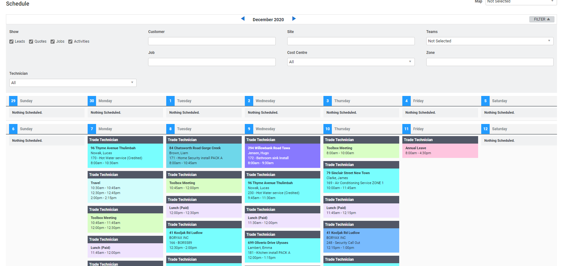 A screenshot of schedules in Month View.