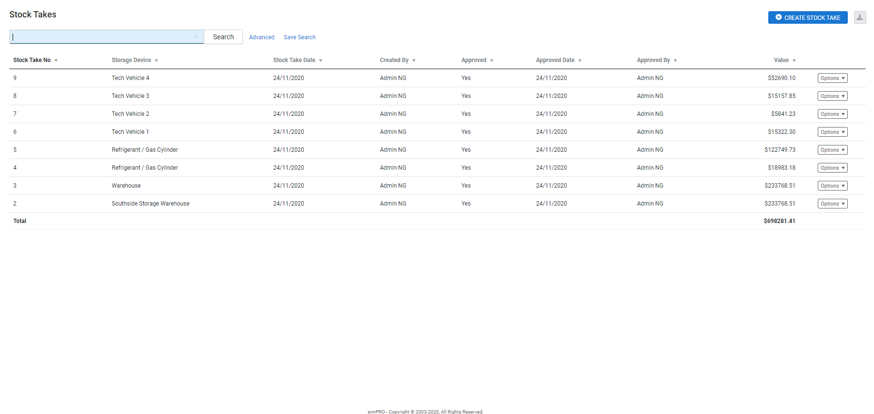 A screenshot of the Stock Takes page.