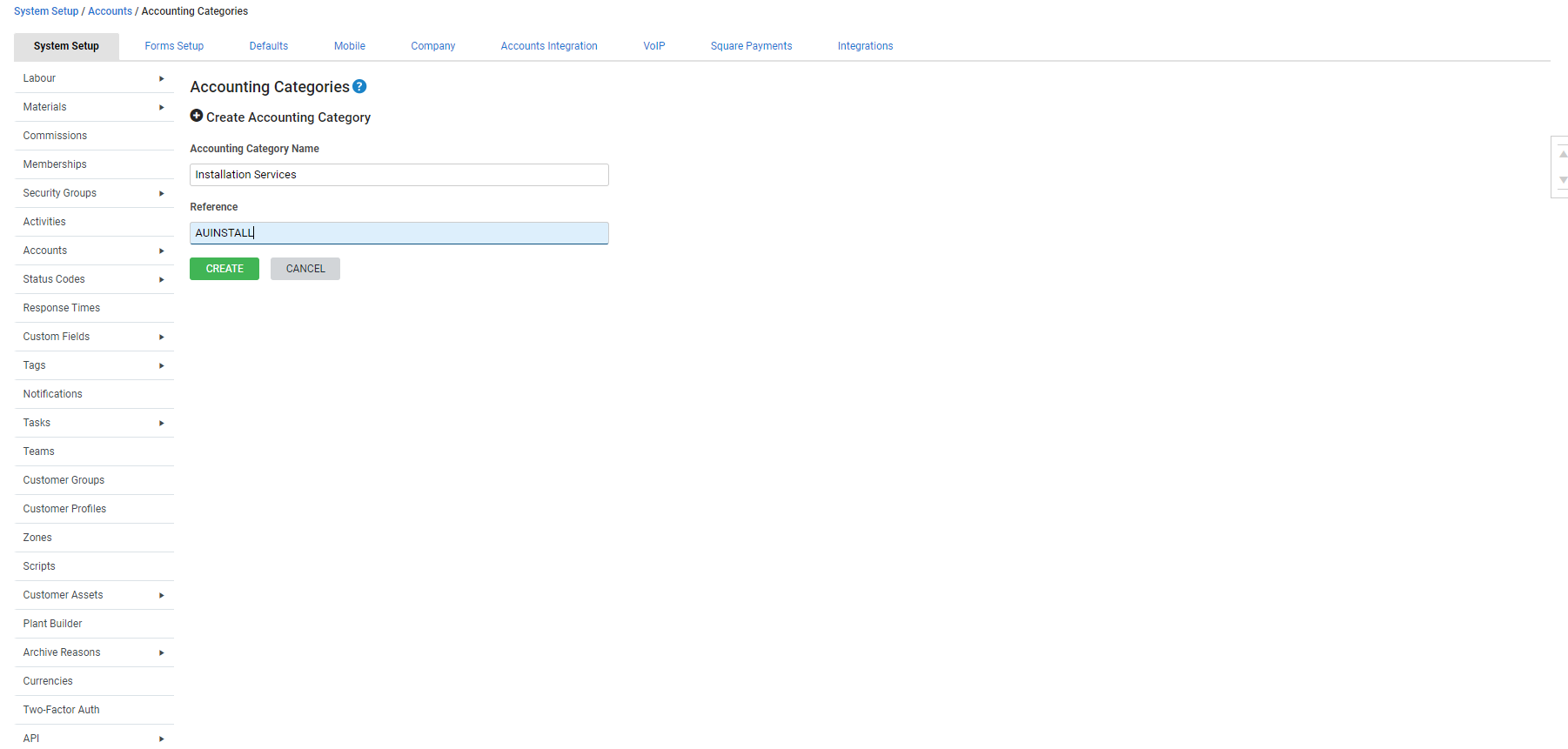 A screenshot of the Create Accounting Category page.