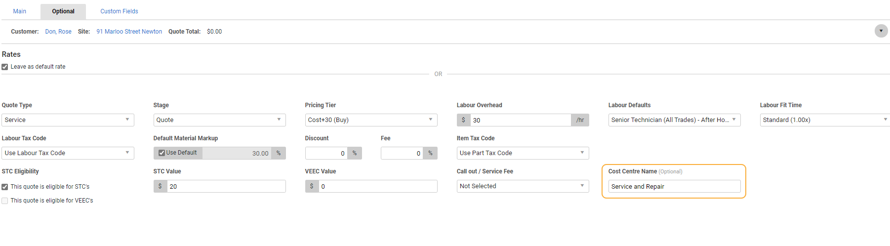 A screenshot of the job setup page with the Cost Centre Name field.
