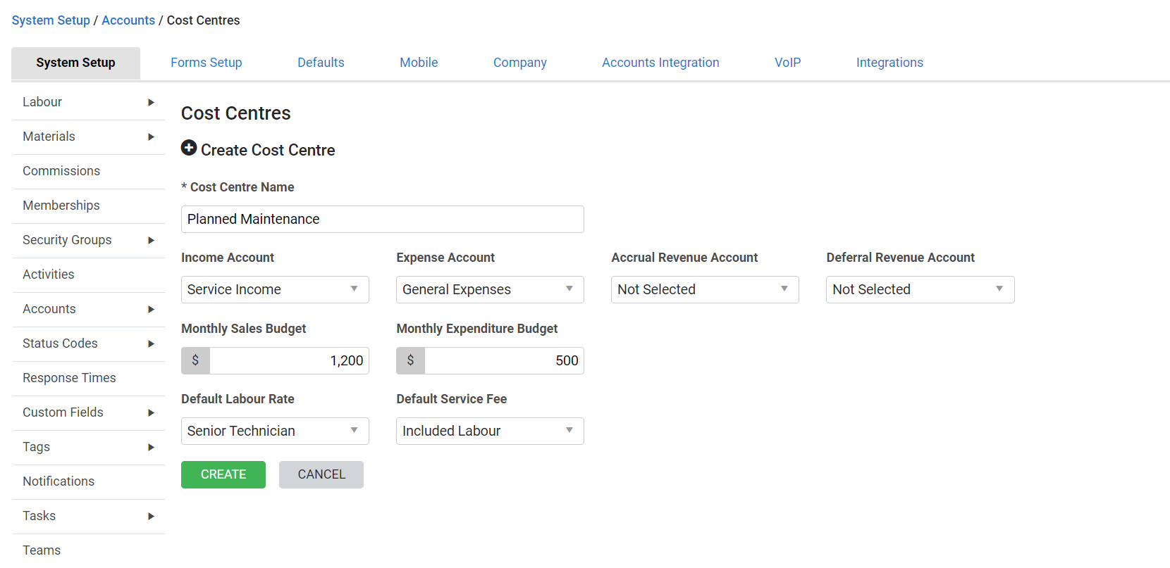 A screenshot of Create Cost Centre page.