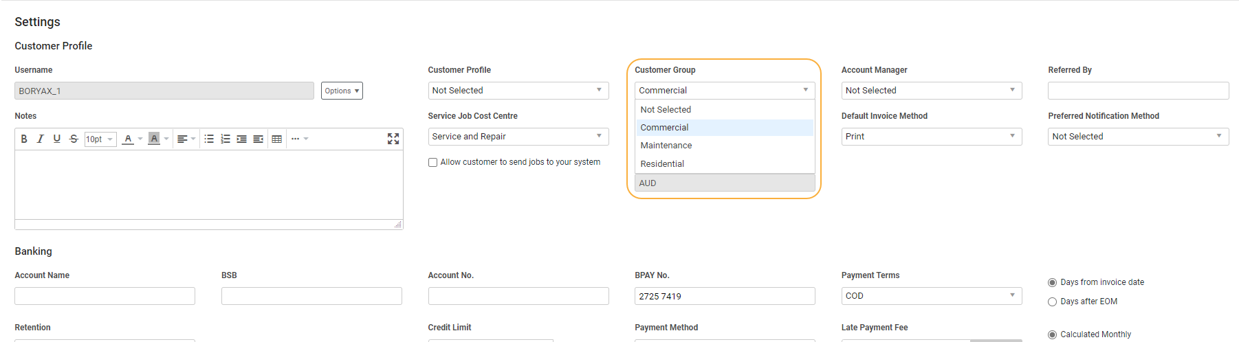 A screenshot of the Customer Group drop-down in a customer card.