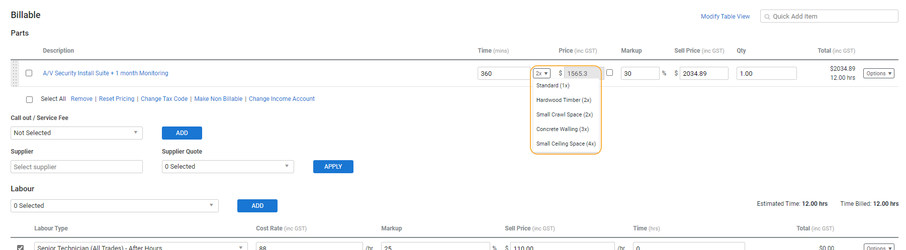A screenshot of the Fit Time drop-down in the Billable sub-tab.
