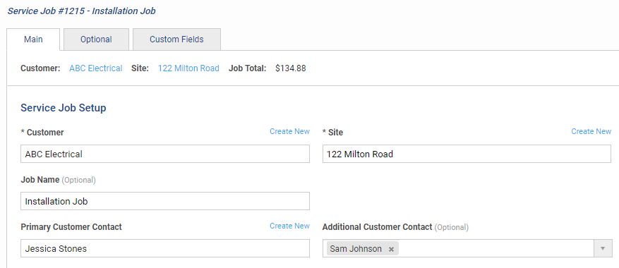 A screenshot of the primary and additional contact fields in a job setup page.