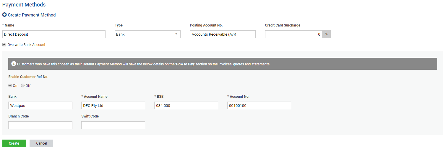 A screenshot of the Create Payment Method screen with overwrite bank account options in grey.