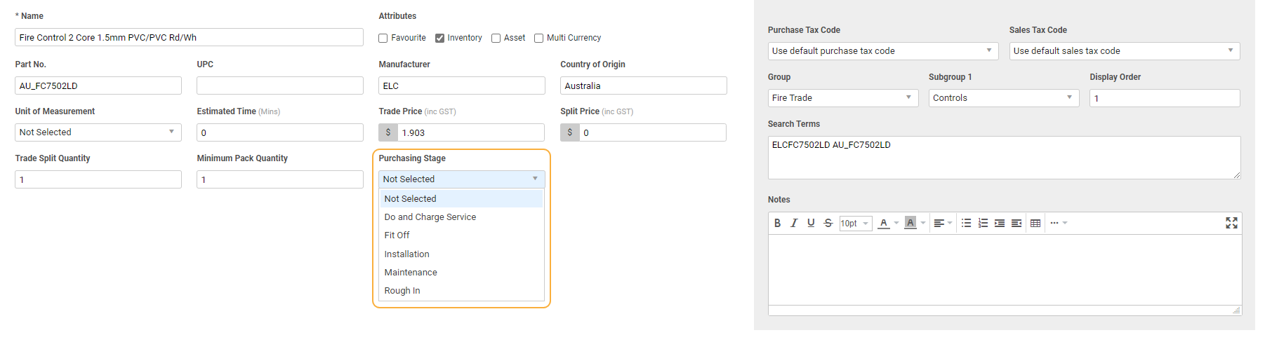 A screenshot of the Purchasing Stage drop-down in an item.