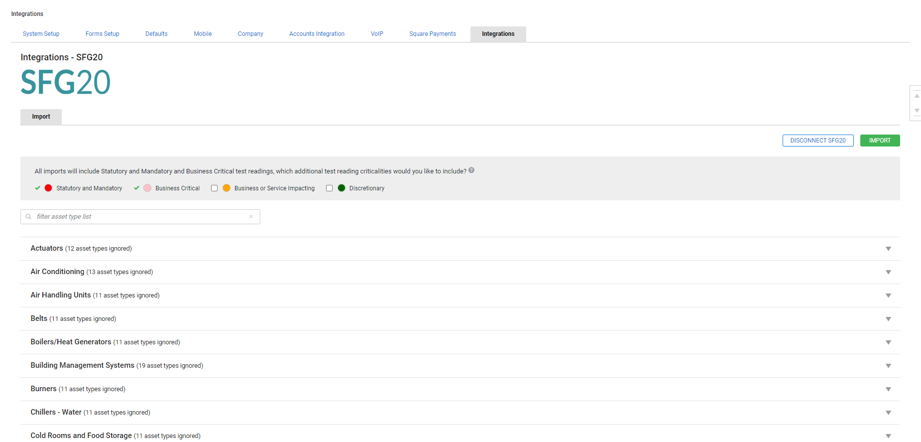 A screenshot of the SFG20 integration page.