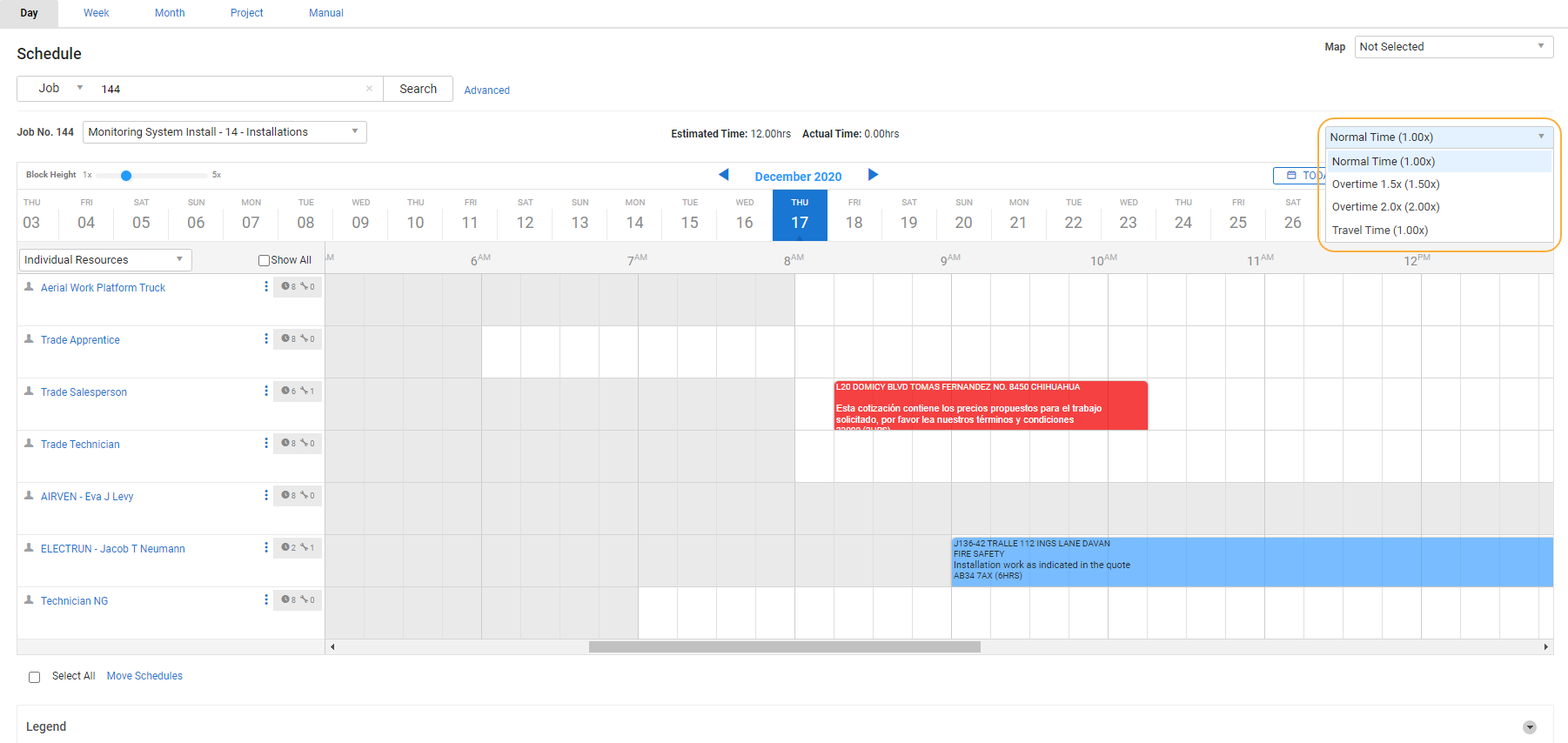 A screenshot of the schedule rate drop-down in the schedule.