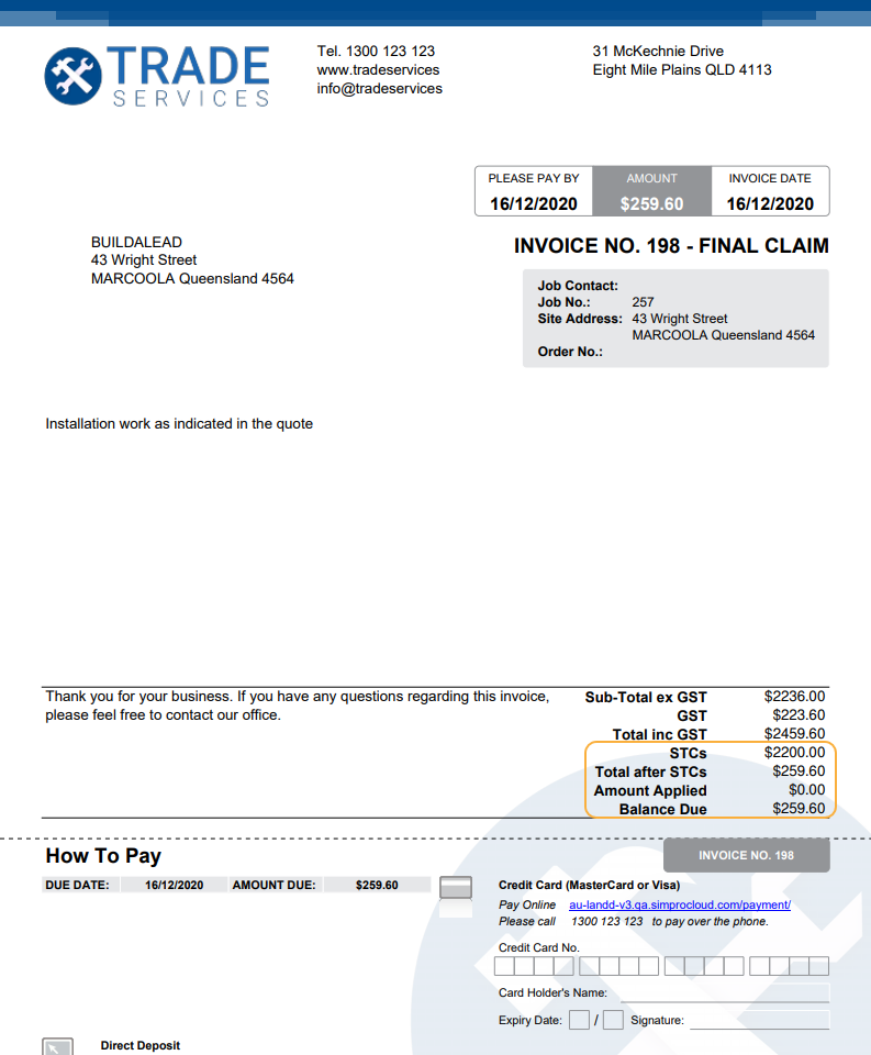 A screenshot of invoice totals on a form including the STCs value and total after STCS.
