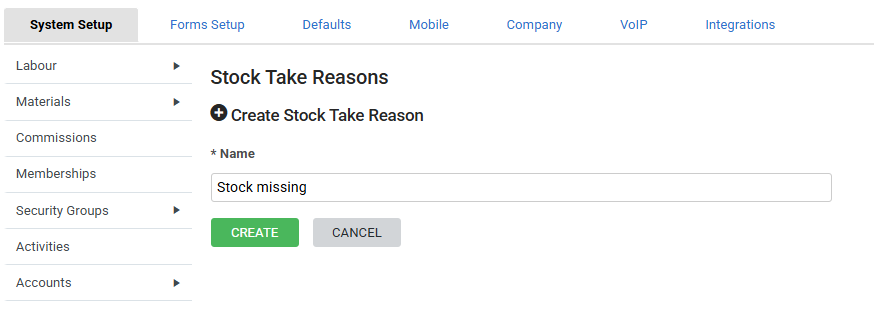 A screenshot of a stock take reason being created.