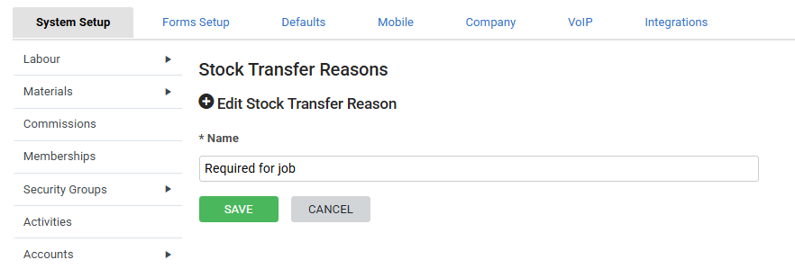 A screenshot of a stock transfer reason being created.