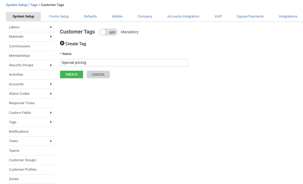 A screenshot of a customer tag being created.