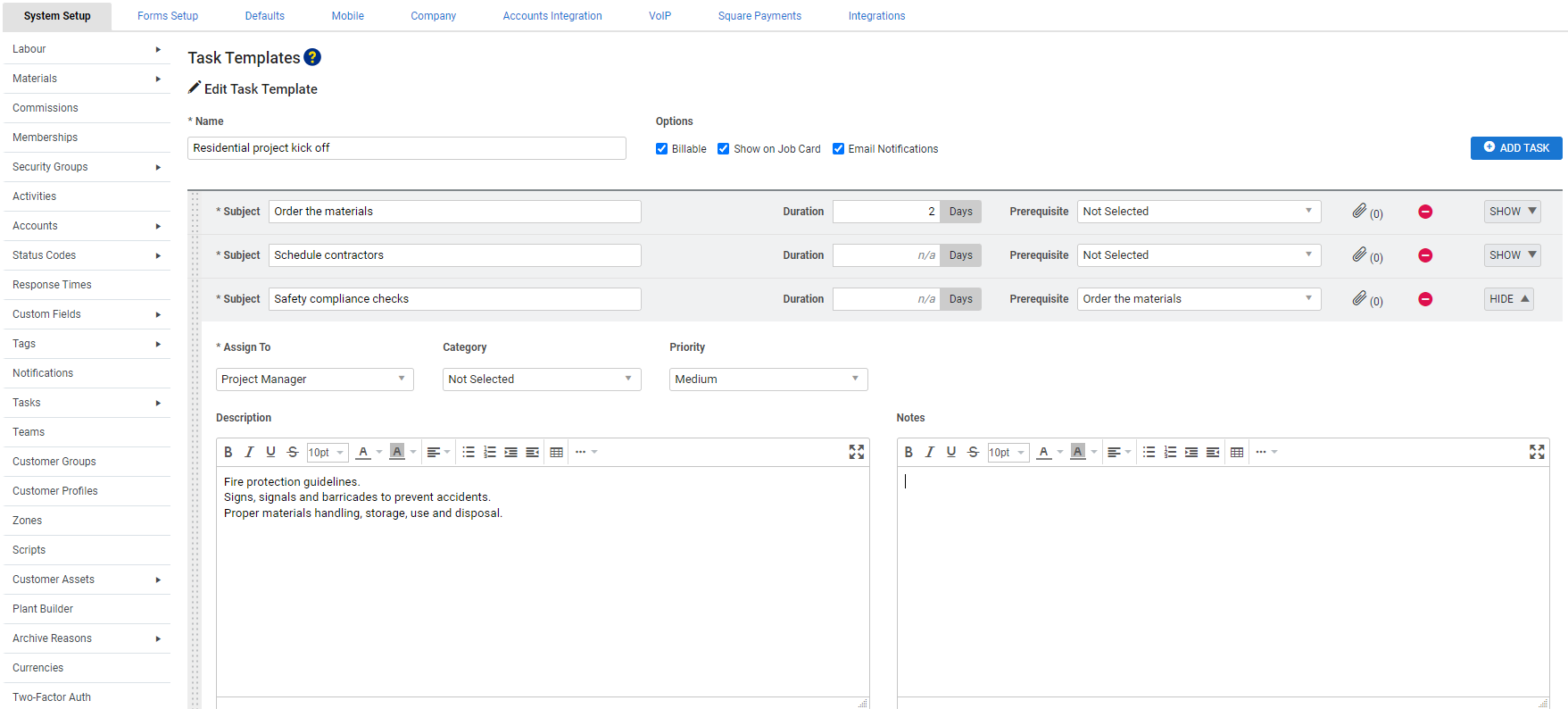 A screenshot of a new task template being created.