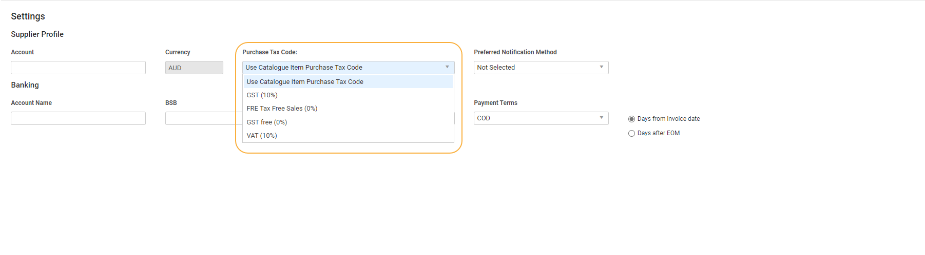 A screenshot of the Purchase Tax Code drop-down in a supplier.