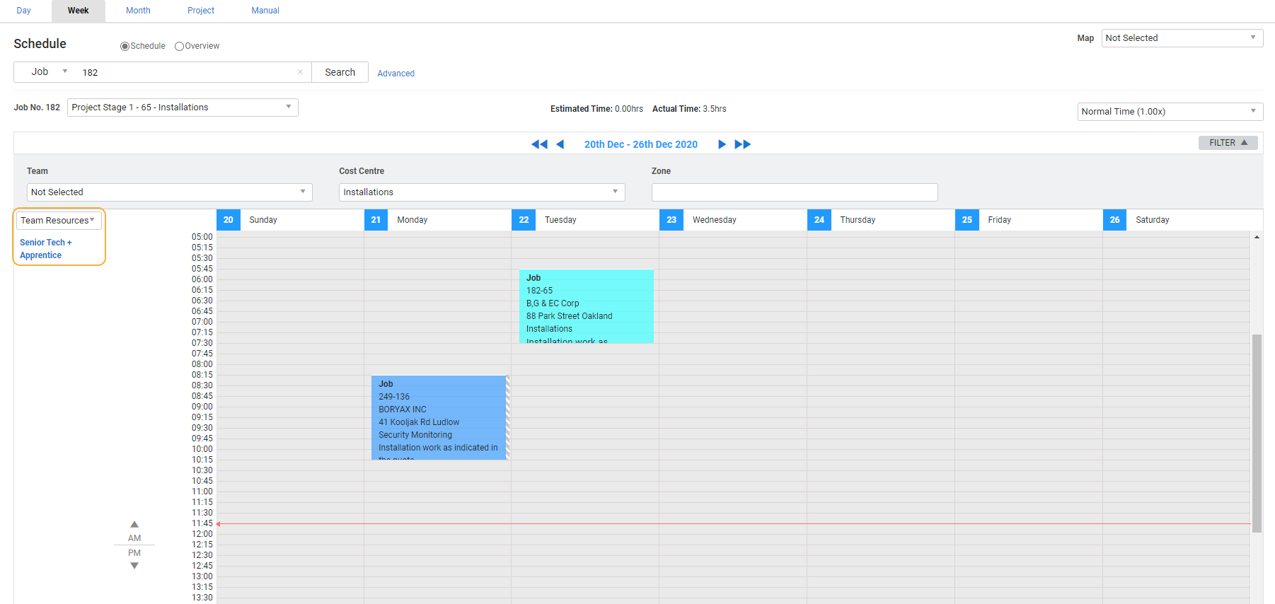 A screenshot of a team being scheduled in Week View.