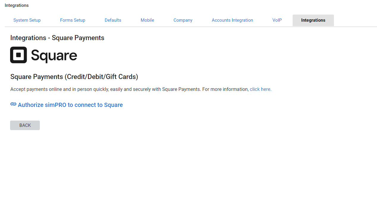A screenshot of the Square Payments option in the Integrations tab.